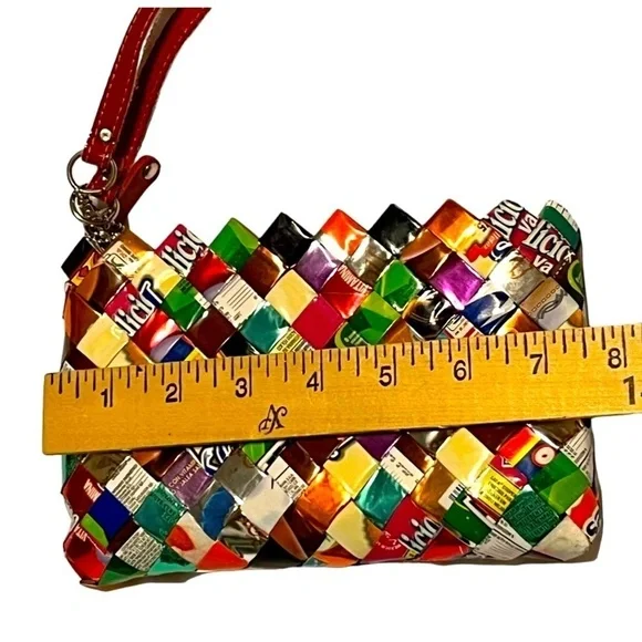 Nahui Ollin candy wrapper wristlet recycled colorful wrappers red zip 7.5 x 4.5” - Picture 5 of 7